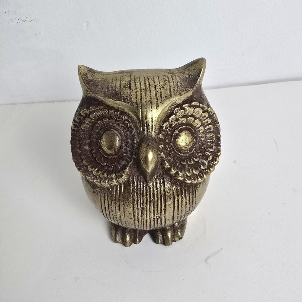 Vintage Brass Owl Figurine Korea 3.25" Paperweight MCM Dark Academia Halloween